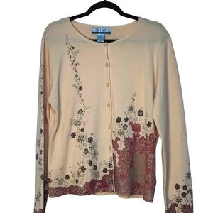Nine & Company Cardigan Sweater Peach Floral Embroidered Knit Crew Neck Casual L